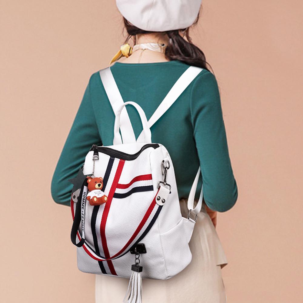 Fashion Cartoon School Bag Female PU Leather Travel Bag Gril's Stripe Pendant Backpack