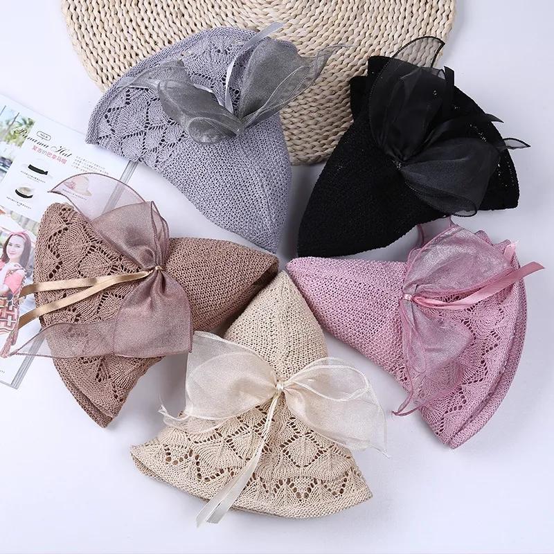 Women's Summer Bow Ribbon Sunscreen Hat Hollow Out Sun Cap Washable Folding Big Edge All Match Fisherman Hat Outdoor Sunshade Cool Hat