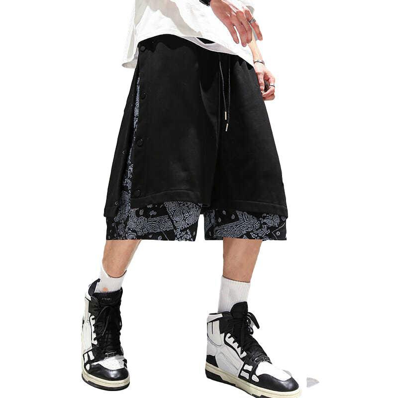 Breasted Shorts Male Hip-hop Cashew Flower Stitching Loose Tide Brand Trend Fake Two-piece Casual Five-point Pants