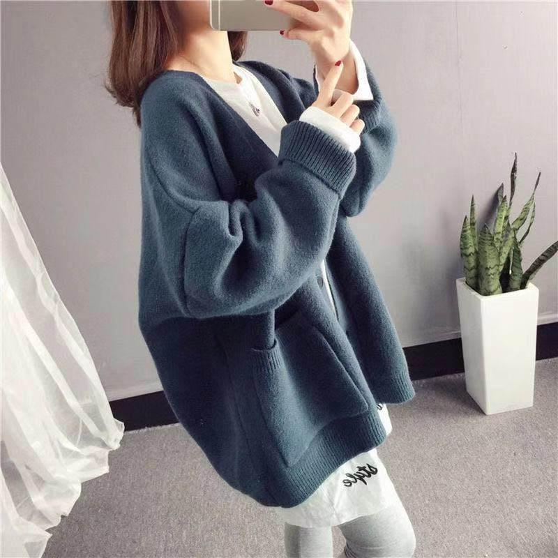 Sweater Cardigan Thickened Mid-length Spring and Autumn Loose Knit Lazy Style Jacket Women