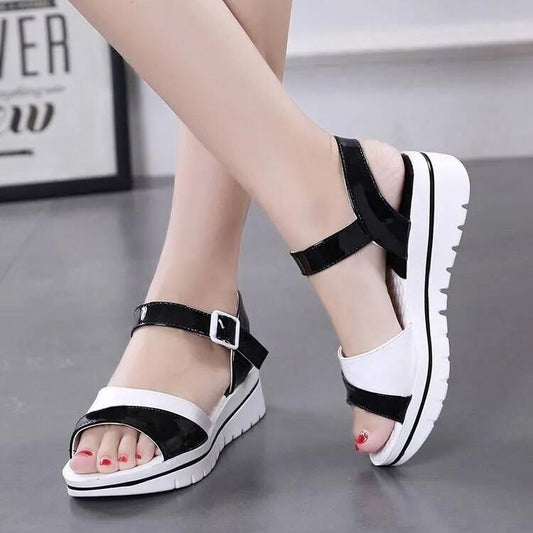 Summer Color-blocking Thick-soled Sandals Women's Mid-heel Wedge Sandals Casual All-match Student Platform Sandals Non-slip Waterproof