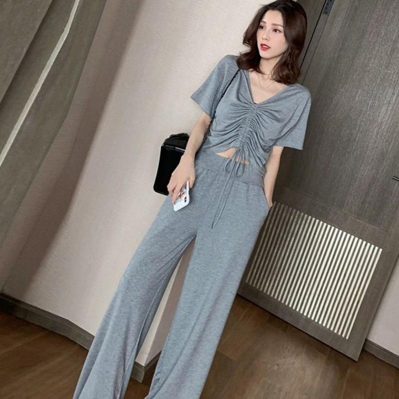 Casual Two-piece Women's Summer Slim Short-sleeved T-shirt Women's High-waist Wide-leg Pants Suit V-neck Short-sleeved Top Sexy Waist Slimming