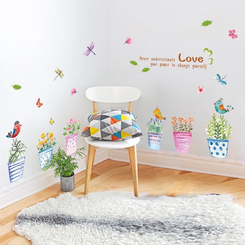 Creative decorative PVC film removable hand-painted potted plants wallpaper flower sticker poster