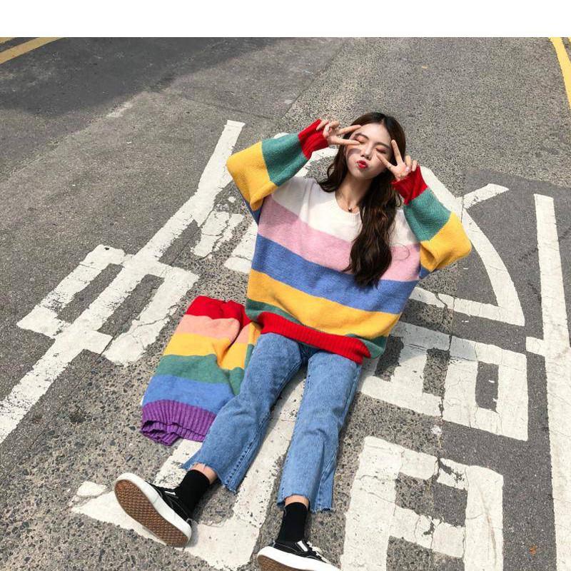 Pofulove Sweet Rainbow Striped Sweater Female Korean Lazy Loose Hit Color Pullover Sweater Coat