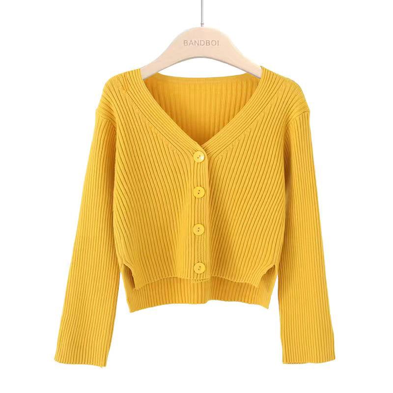 Autumn and Winter Short Style Loose Long-sleeved V-neck Sweater Knitted Cardigan Coat Shawl Solid Color Cropped Top Women