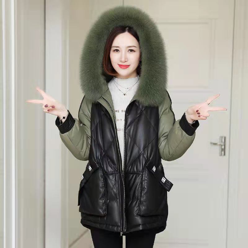 Winter Pu Leather Down Cotton Jacket Women Short Imitation Sheep Leather Fur Coat Imitation Fox Fur Collar Hooded Jacket