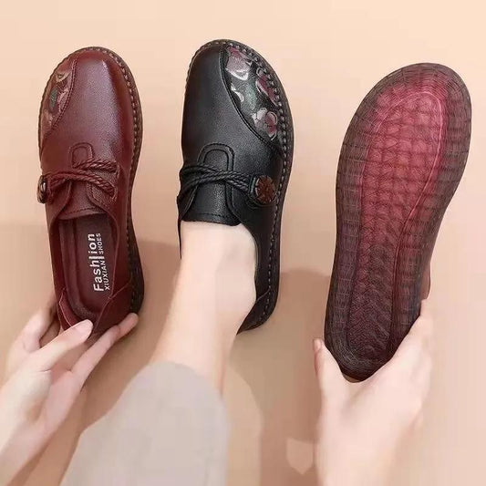 Autumn Elderly Flat Shoes Comfortable Non-slip Single Shoes Soft Bottom Leather Shoes Mother Shoes Middle-aged and Elderly Retro Women's Shoes