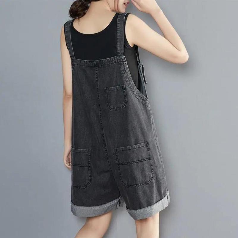 WTEMPO Big Pockets Summer Denim Jumpsuit Woman Jeans Romper Pants Sleeveless Adjusted Overalls Jeans Trousers