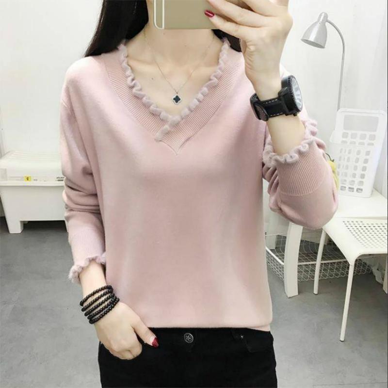 Solid Color Wild V-neck Sweater Knitted Bottoming Long-sleeved Loose Pullover Sweater