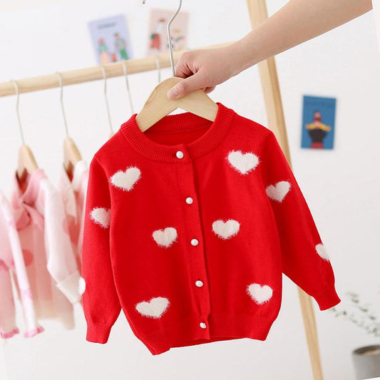 Children's Autumn Coat Girl Round Neck Cardigan Sweater Heart-shaped Knitted Cardigan