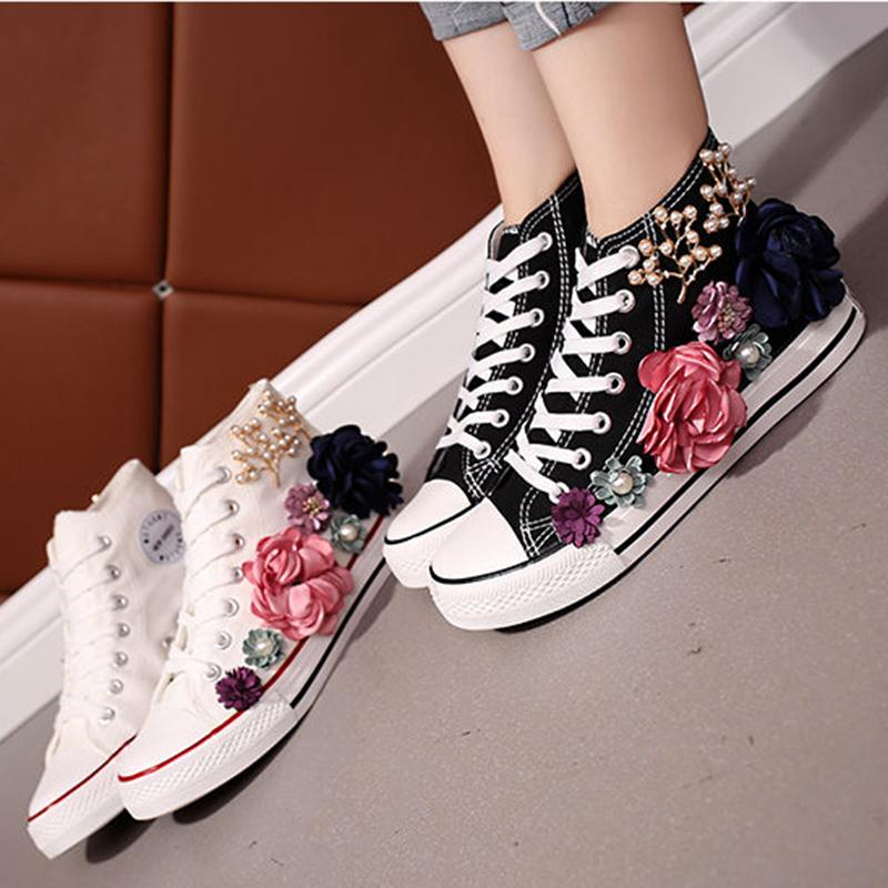 Popular Canvas Shoes Small White Shoes Women's High-top Handmade Custom Three-dimensional Flower Pearl Flat Casual Student Shoes