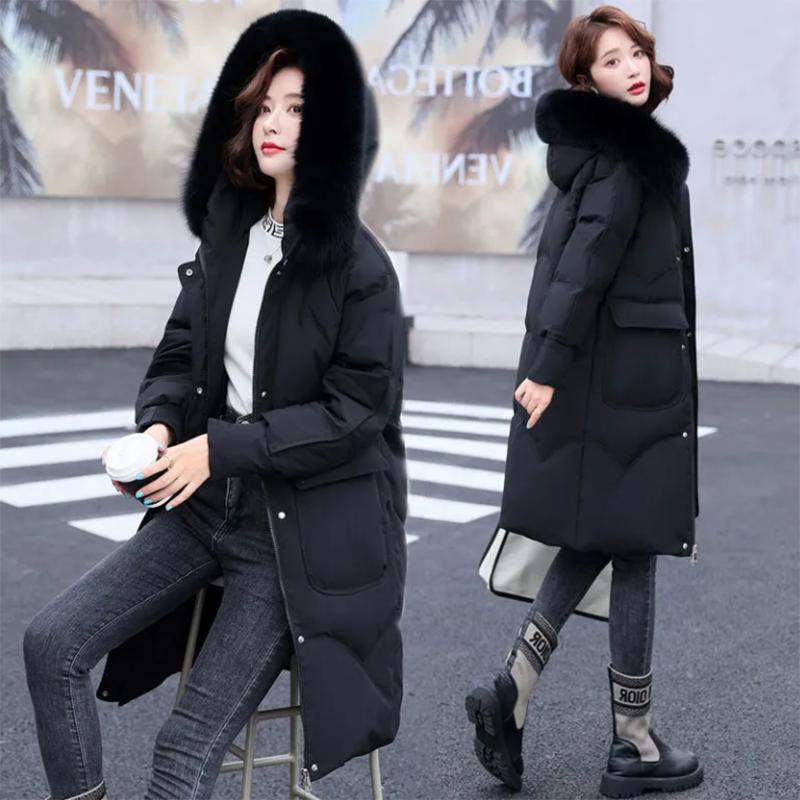 Women's Shiny Down Padded Jacket Mid-length Korean Style Loose Padded Jacket Warm Cotton Coat Big Fur Collar Winter Clothes