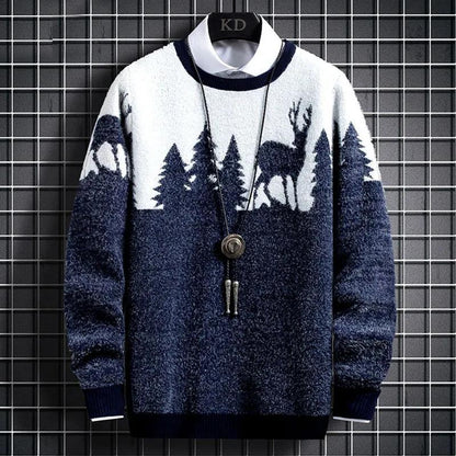 WTEMPO Men Christmas Sweater Elk Print Sweater Soft Casual Knitted Sweater Winter Thicken Warm Pullover