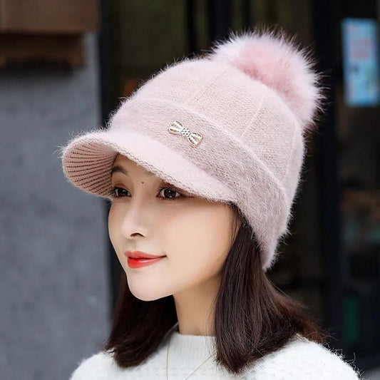 Winter Plus Velvet Knitted Hat Korean Fashion Fur Ball Warm Cap Thick Rabbit Fur Wool Hat for Women