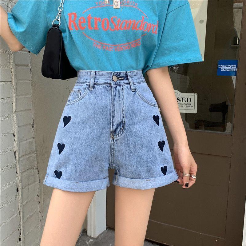 WTEMPO Women Denim Shorts Jeans Heart-shaped Embroidery Washed Denim Summer High Waist Casual Shorts