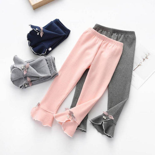 Girls' Leggings Children's Spring and Autumn Thin Bow Pearl Flowers Korean Cropped Trousers Stretch Pants Baby Outer Wear and Inner Wear