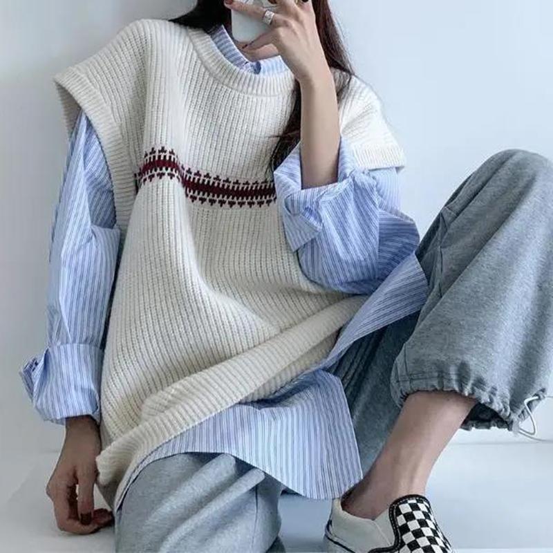 One-piece Retro Casual Simple Style Knitted Vest Sweater Women's Round Neck Thin Sweater Loose Casual All-match Sweater Vest