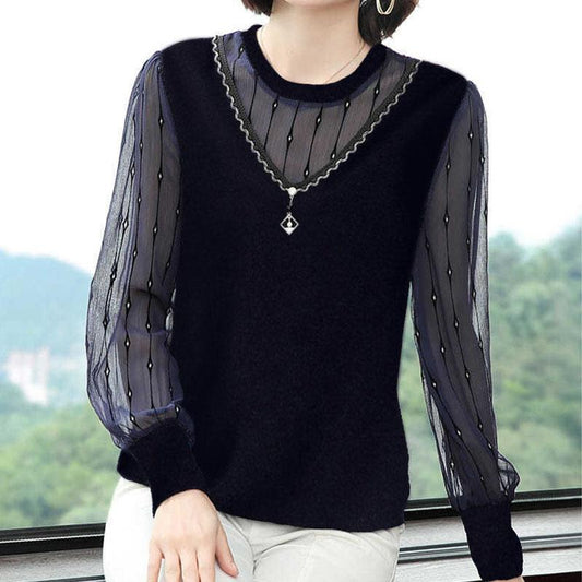 New Autumn Spring Style Chiffon Shirt Chic Elegant Round Collar Blouse Women Long Sleeve Top Pullover