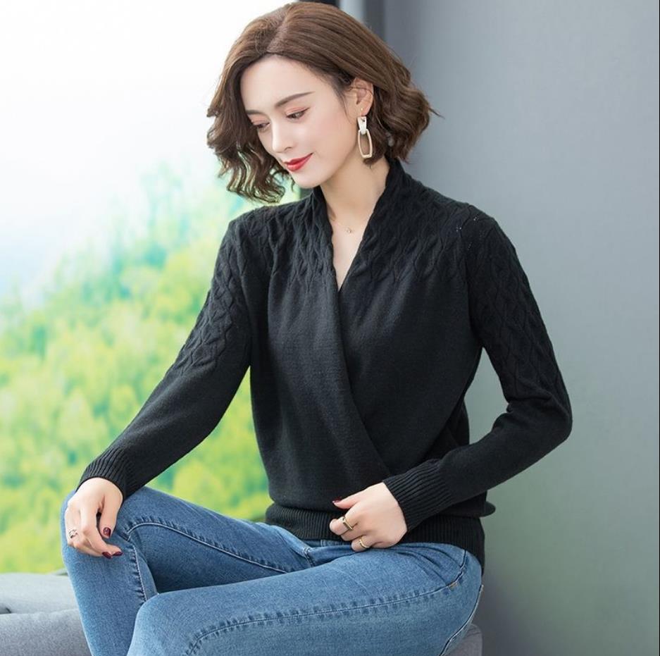 Autumn and Winter V-neck Crossover Ladies Sweater Temperament Gentle Knit Sweater Wear All-match Casual Loose Shirt