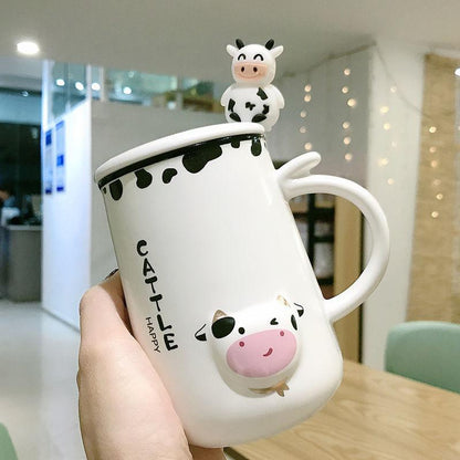 Cartoon Large Capacity Spoon with Lid for Men and Women Couple Cup Home Office Ceramic Mug Drinking Cup