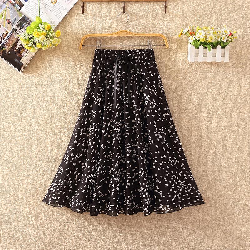 Chiffon Elastic Waist Pleated Floral Skirt Summer Women's High Waist Mid-length A-line Draping  Fairy Dress