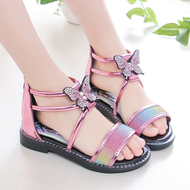 Girls Sandals Summer Korean Princess Sandals Rhinestone Roman Sandals Non-slip Soft Bottom Big Kids