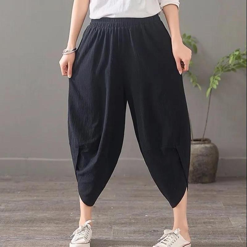 WTEMPO Large Women's Pants Linen Solid Color Cotton Linen Pants Eight Point Loose Casual Harem Pants Summer Thin