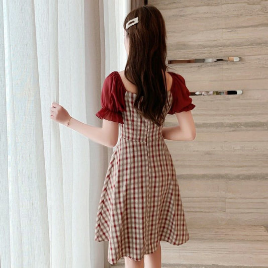 French Bellflower Skirt Retro Square Collar Waist Dress Plaid Striped Mid-length Dress Retro French Style Fabric Soft Light and Breathable