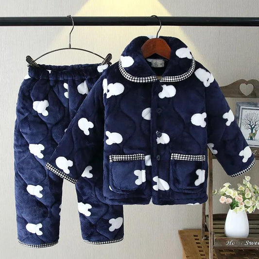 Winter Children's Pajamas Cotton Three-layer Thick Quilted Flannel Coral Fleece Children's Baby Boys Home Padded Jacket Suit