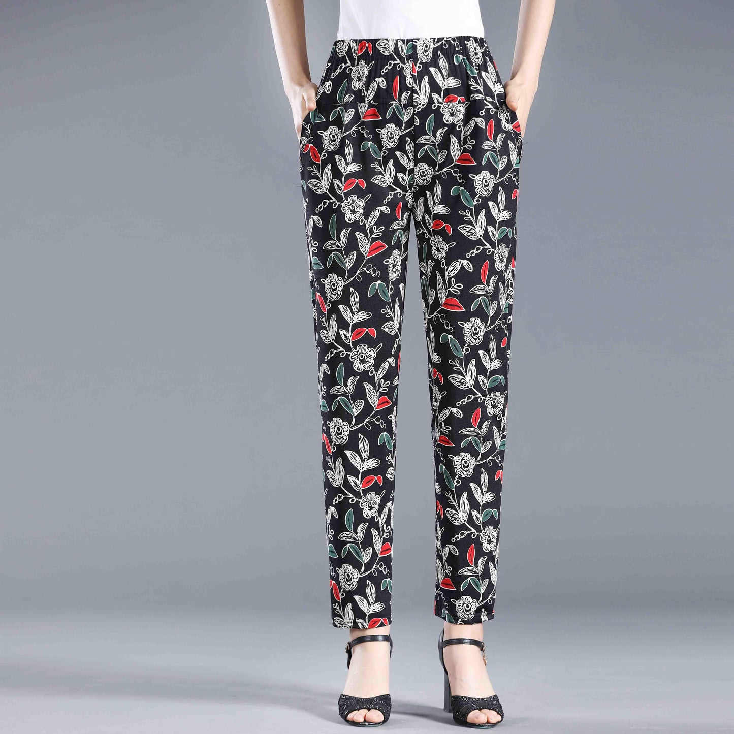 Women's Loose Printed Summer Casual Pants Large Size Straight Pants Thin Breathable Vintage Cropped Pants