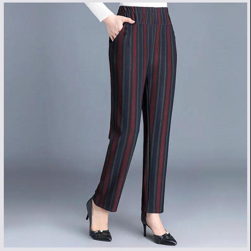 Thick Striped Pants Women's Autumn and Winter Plus Velvet Stretch High-waist Straight-leg Pants Middle-aged Mother Pants