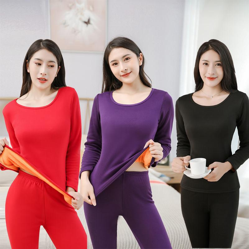 Women's Autumn and Winter Plus Velvet Thick Long-sleeved Trousers Thermal Underwear Pajamas Two-piece Round Neck Stretch Plus Size Suit