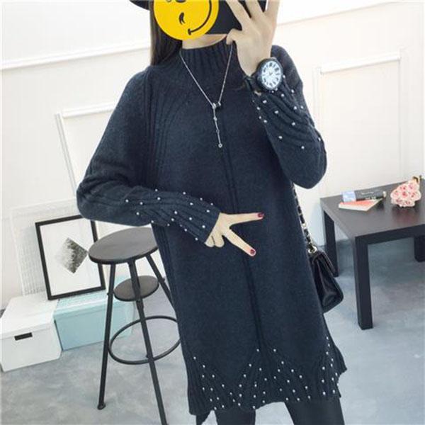 Autumn and Winter Half Turtleneck Sweater Loose Beaded Accessories All-match Bottoming Shirt Plus Size Knitted Female Dress