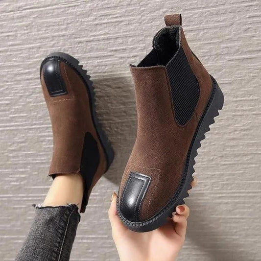 Autumn and Winter Plus Velvet Thick-soled Chelsea Short Boots Female British Style Short Tube Martin Boots Round Toe Flat Single Boots