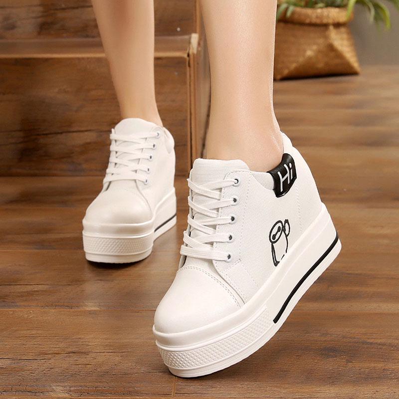 Women's  Canvas Shoes Wedges Heel Thick Bottom Increased Casual Shoes High-heeled Platform Lace Up Wedge Sneakers