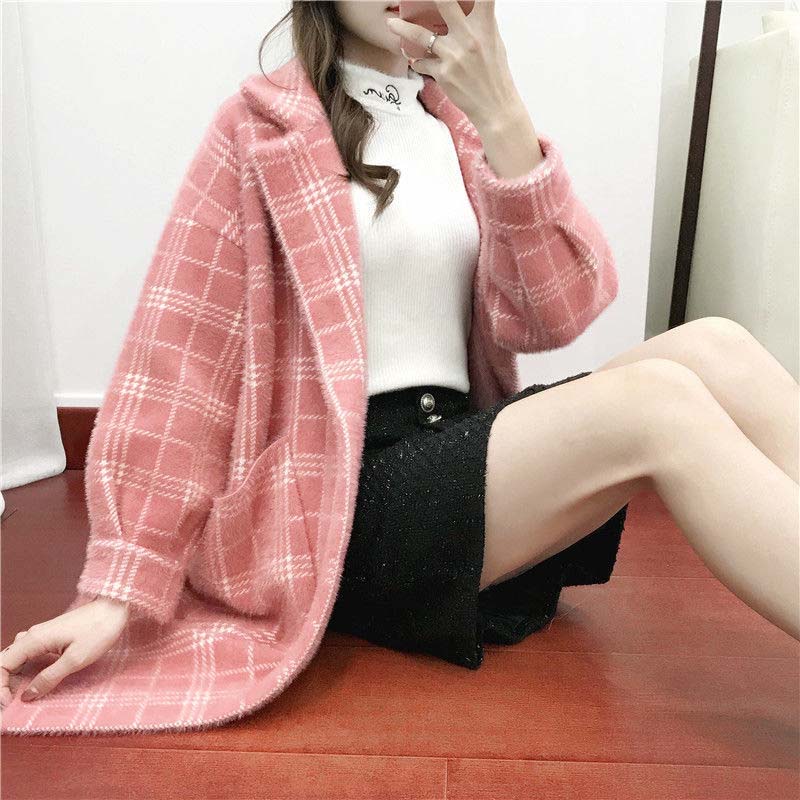 Spring and Autumn Mid-length Plaid Imitation Mink Velvet Coat Women Loose Thick Knit Sweater Coat Women