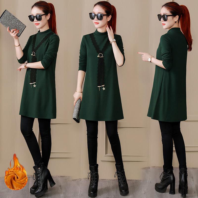 Autumn and Winter Mid-length Thick Top Solid Color Half-high Collar Long-sleeved T-shirt Round Neck Slim Bottoming Shirt Women