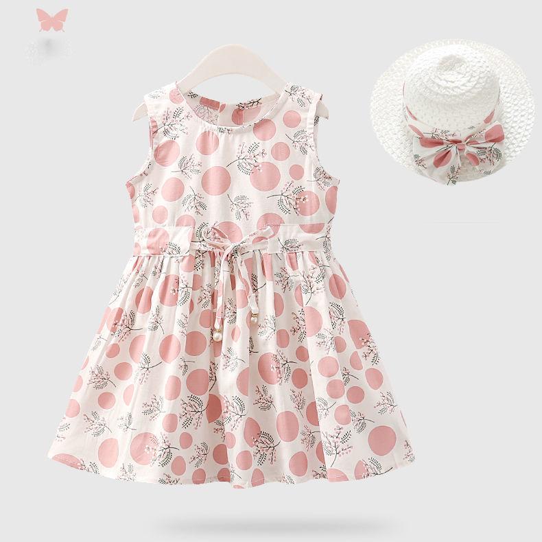 2PCS/Set Girls Dress +Hat Cotton Comfortable Children's Dress Summer Dress Floral Girls' Sleeveless Dress For Children