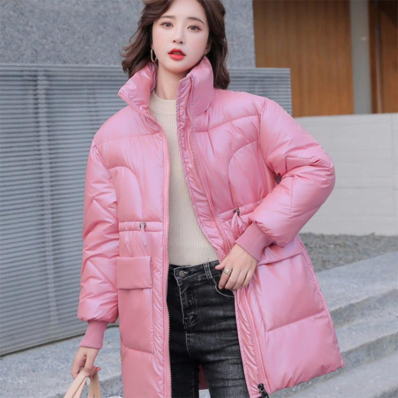 Women's Shiny Mid-length Down Jacket Winter Korean Style Loose Coat Warm Stand-collar Down Jacket