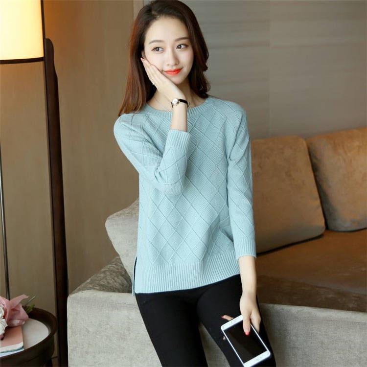 Round Neck Sweater Large Size Solid Color Sweater Spring and Autumn Sweater Female Long Sleeve