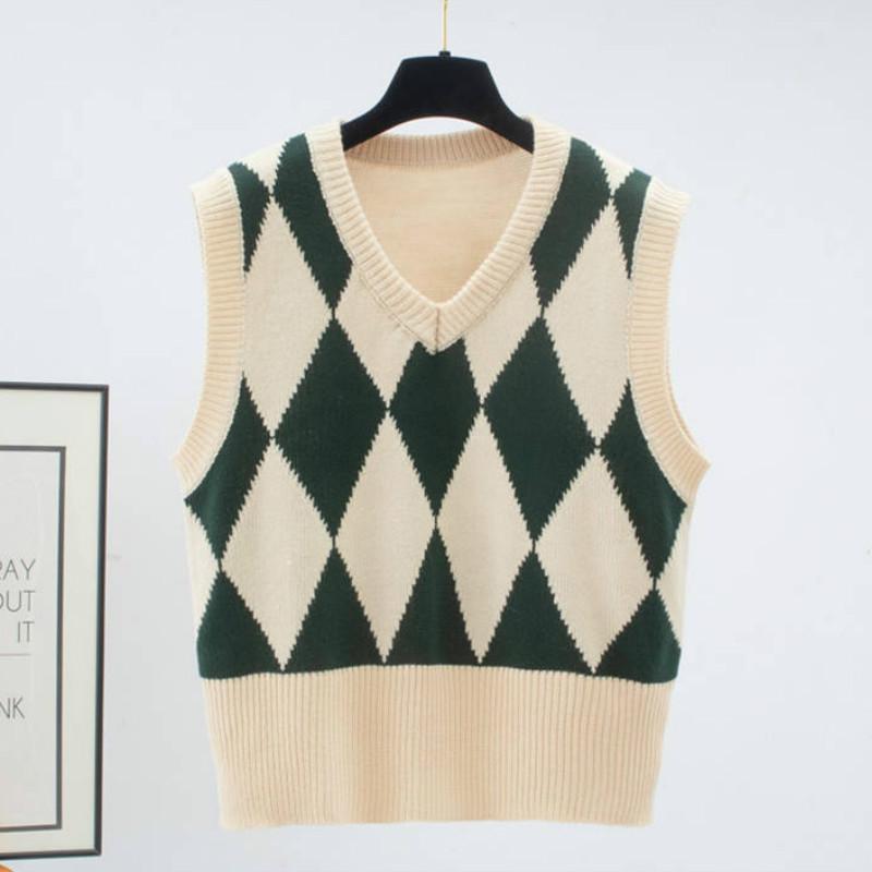 Autumn and Winter Retro Rhombus V-neck Knitted Vest Female Pullover Sleeveless Sweater