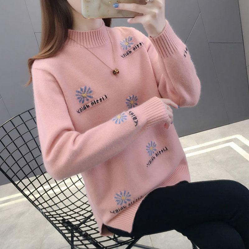 Autumn and Winter Half High Neck Pullover Sweater Loose Jacquard Simple Bottoming Shirt Thick Knitted Women Sweater