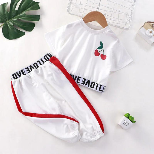 Two-piece Suit Children Clothing Set Girls Printing Letter Cherry Short Sleeve Tops + Pants Clothing Spring Summer