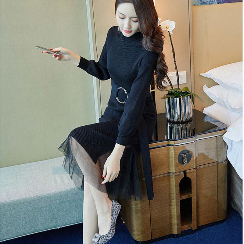 Autumn Winter Women's Long Sweater Dress Calf Length Slim Outer Wear Knit Dress with Belt