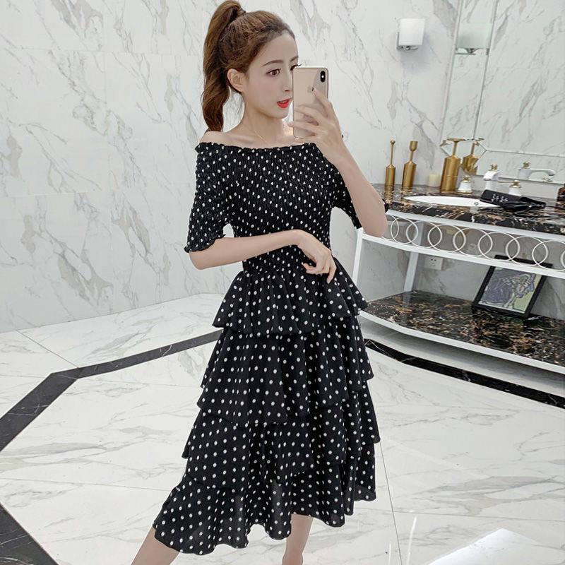 Plus Size Polka Dot Layered Dress Slash Neck Off-shoulder Party Evening Dress Summer