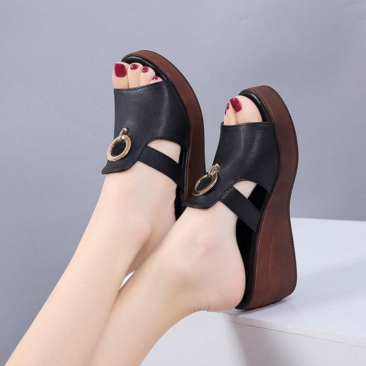 Slope Heel Slippers for Women's Outer Wear Non-slip Thick Bottom All-match Waterproof Platform Beach High Heel Sandals