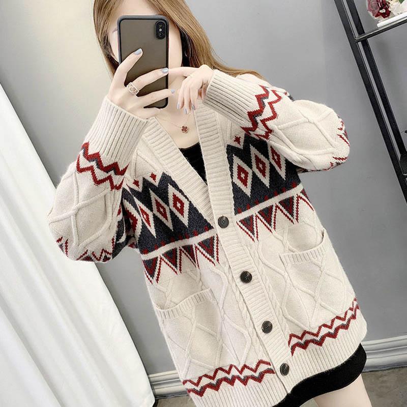 Sweater Cardigan Thickened Mid-length Spring and Autumn Loose Knit Lazy Style Jacket Women