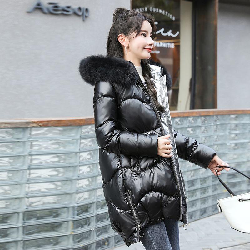 Winter Women Mid-length Parkas Jackets Casual Female Thicken Warm Hooded Jackets Coat Windprood Shiny Parka Coat with Fur Collar