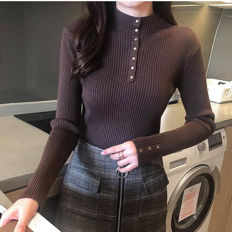 Women Knitted Pullover Sweater Long Sleeve half Turtleneck Sexy Slim Lady Button Casual Sweaters Top