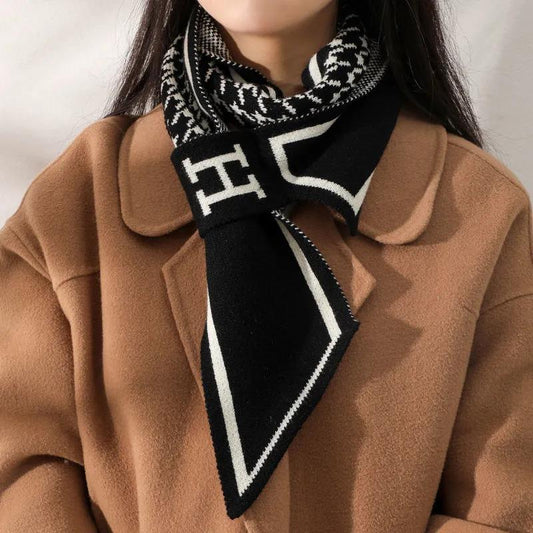 Women's Korean Style Knitted Wool Scarf Spring Autumn Cross Short Plaid Strips Scarves Winter Neck Cover Neck Scarf All-match Collar Scarf Strap Decor